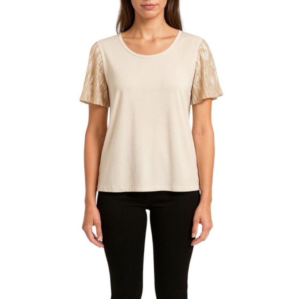Amana Women’s Pleated Metallic Sleeve Blouse | Size Large